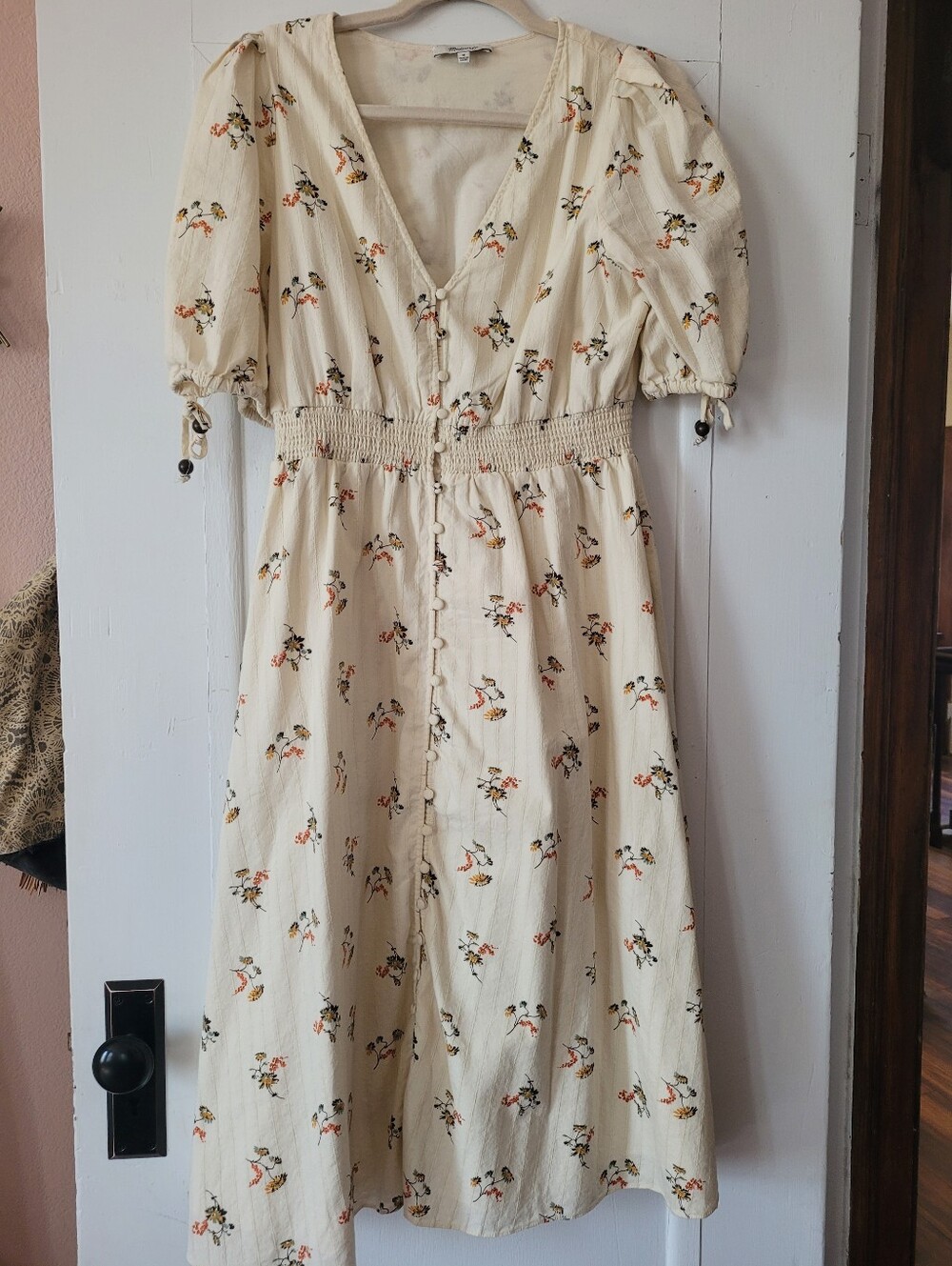 Tie-Sleeve Smocked-Waist Button-Front Midi Dress - Picture 3 of 5